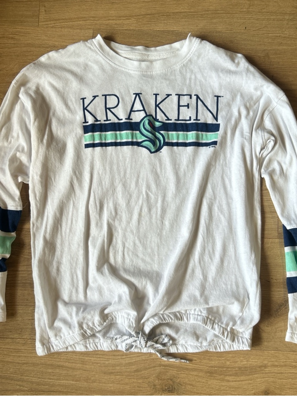 NHL Kraken White Long-Sleeve Tee with Navy & Mint Stripes